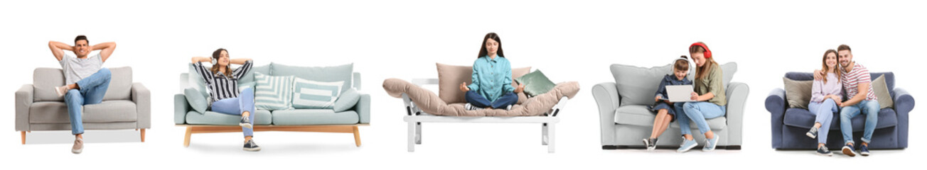 Collage of relaxing people on soft sofas against white background