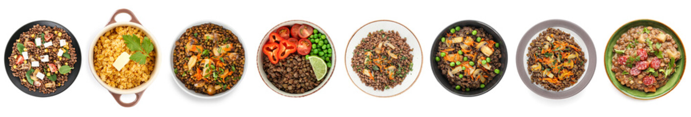 Collage of tasty cooked dishes with lentils on white background