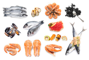 Set of fresh seafood on white background