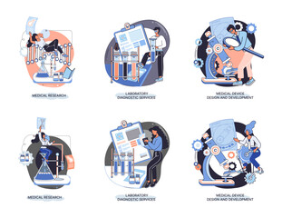 Medical research. Laboratory diagnostic services, medical device design development scenes metaphor. Scientists in hemistry clinic laboratories, microbiology pharmaceutical research. Vaccine discovery