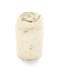 Jar with delicious Caesar sauce on white background