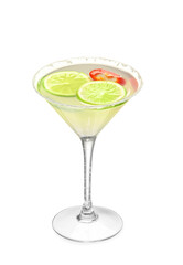 Glass of tasty margarita cocktail on white background