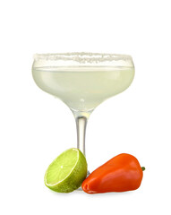 Glass of tasty margarita cocktail on white background