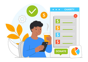 Charity online service. Man with smartphone and mug of coffee in his hand looks at graphs and charts. Activist and volunteer evaluates his donation statistics. Cartoon flat vector illustration