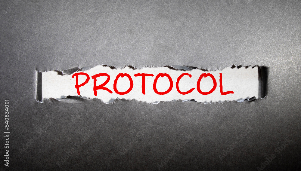 Poster protocol word written on wood block. protocol text on wooden table for your desing, concept.
