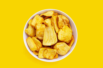 Jackfruit chips on yellow background