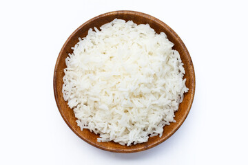 Wooden bowl of rice on white background.