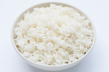 bowl of rice on white background.