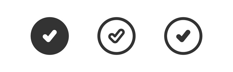 Checkmark circle icon. Check mark round button. Ok and yes line sign. Tick, checklist symbol in vector flat