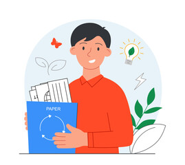 Man sorting garbage. Young guy holding paper basket. Zero waste, reducing emission of harmful substances. Motivational poster or banner. Volunteer and activist. Cartoon flat vector illustration