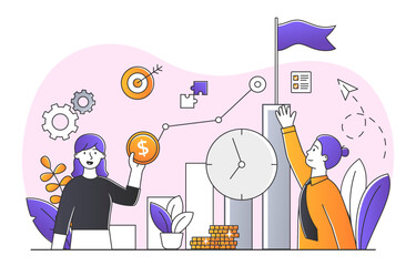 Moving towards success. Girl and man set goals. Motivation and leadership, vision for future and planning. Talented and successful entrepreneurs. Ambitions and career. Cartoon flat vector illustration
