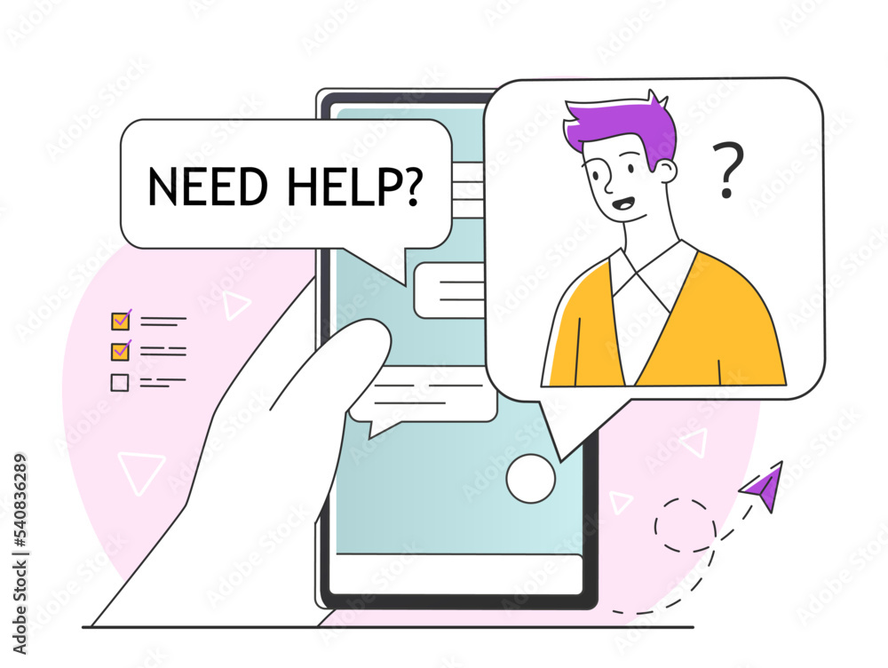 Poster customer support concept. hand holds smartphone with chat, assistant or helper answers users questio