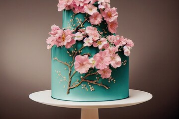 Beautiful tasty colorful cake, soft cream, decorated with flowers and leaves, made with AI