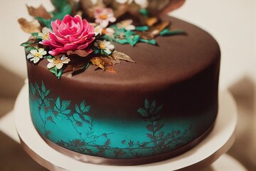 Fototapeta na wymiar Beautiful tasty colorful cake, soft cream, decorated with flowers and leaves, made with AI