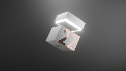 3D product render of textured white box opening to reveal a glowing edge with shiny gold labelling against a dark background