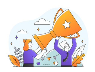 Person holding gold cup. Man and woman show trophy. Metaphor of successful entrepreneur or employee. Achievement and ambition, reward. Poster or banner for website. Cartoon flat vector illustration