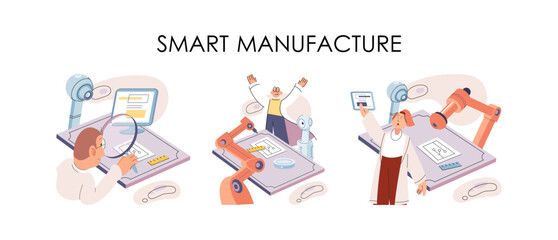 Smart manufacture, automation development metaphor. Innovative smart industry product design, manufacturing process, automated production line, delivery and distribution robots machinery industry 4.0