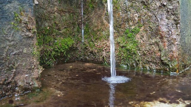 Banja Koviljaca, Serbia, Guchevo, Loznica. Spring Three sources. Healing mineral natural water flowing from Mount Guchevo. Moss and lichens on the rock. Water drops