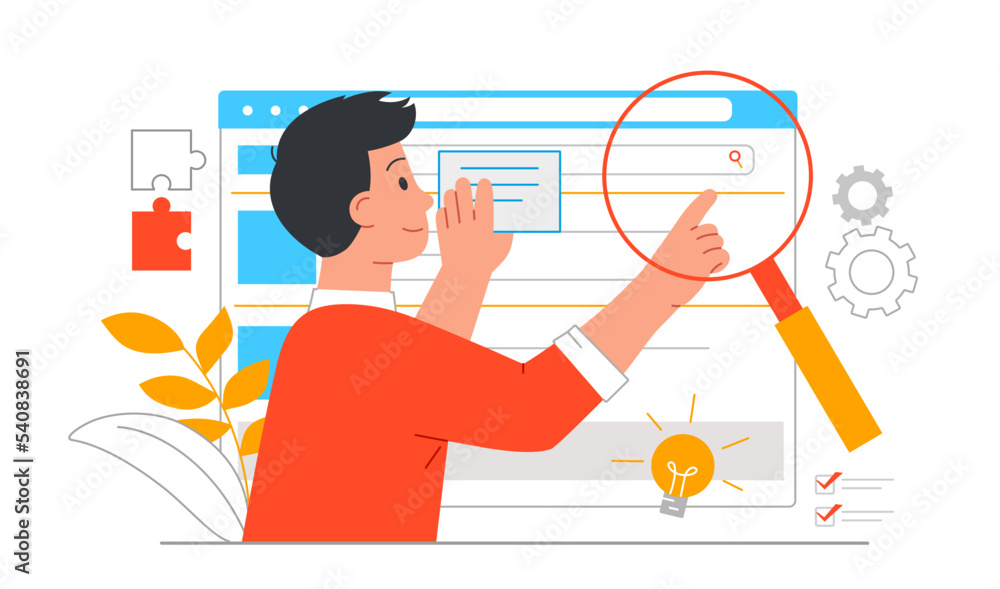 Poster web search concept. man with magnifying glass evaluates website page. information and knowledge on i