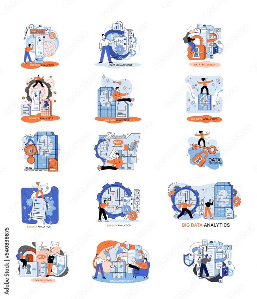 Poster big data analytics platform, data management and protection creative metaphor set abstract concept. 