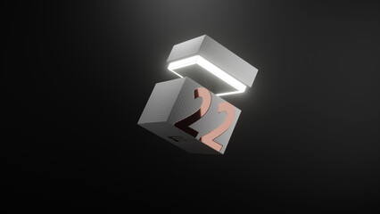 High contrast 3d product render of textured white box opening to reveal a glowing edge with shiny gold labelling against a dark background