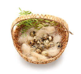 Basket with raw quail eggs on white background