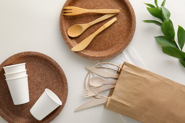 Eco tableware, paper bag and plant branch on light background