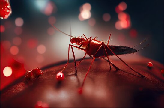 Close-up of mosquito on human skin that is sucking blood. Concept of diseases transmitted by mosquito bite: malaria, yellow fever, chikungunya, dengue, zika, leishmaniasis, encephalitis. 3D rendering.