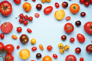 Naklejka na ściany i meble Frame made of different ripe tomatoes on color background