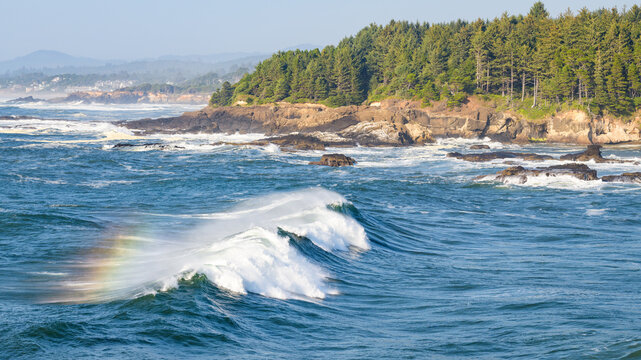 Wave rolls towards tree lined shore on the Oregon Coast with rainbow in srpay