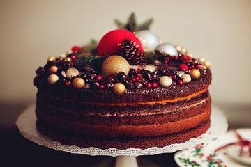 Beautiful tasty Christmas cake, with winter decorations, made with AI