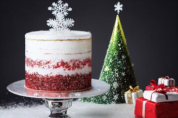 Beautiful tasty Christmas cake, with winter decorations, made with AI