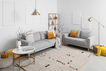 Interior of light living room with grey sofas and shelving unit