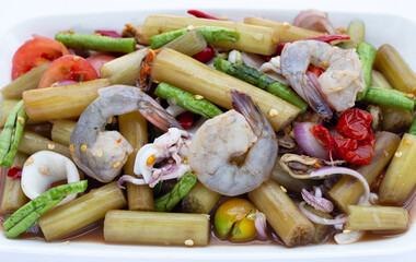 Lotus stem spicy salad with seafood. Thai food recipes