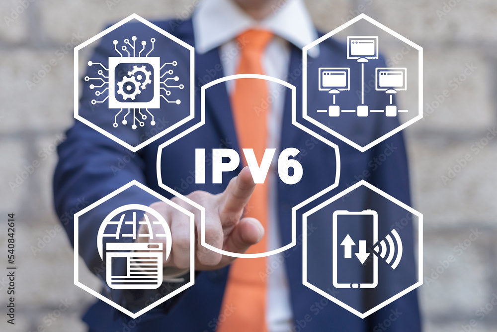 Poster businessman using virtual touchscreen presses abbreviation: ipv6. business, technology, internet and