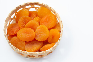 Dried apricots on white background.
