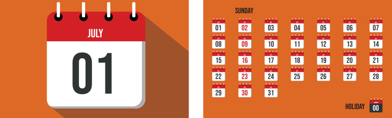 July, date, days of the month, reminder, calendar, Sunday, holiday, red, orange, white, black