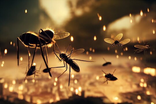 mosquitoes flying through the city lights. Diseases transmitted by mosquito bites, including malaria, yellow fever, chikungunya, dengue, zika, leishmaniasis, encephalitis, and West Nile. 3D rendering.