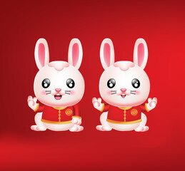 Vector Illustration of cute rabbits set on red background