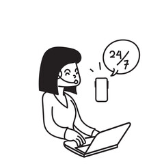 hand drawn doodle customer service agent with laptop and phone illustration