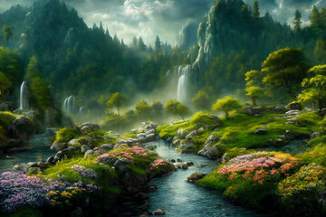 Naklejka na ściany i meble Fantasy Landscape in the Mountains, Ruins, Castle, Digital Illustration, Concept Art