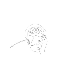 Upper half of one man holding his hand to his face, his hair is frizzy is preoccupied isolated vector illustration in single line drawing style.Alone stress Adult in depression and be absent-minded.