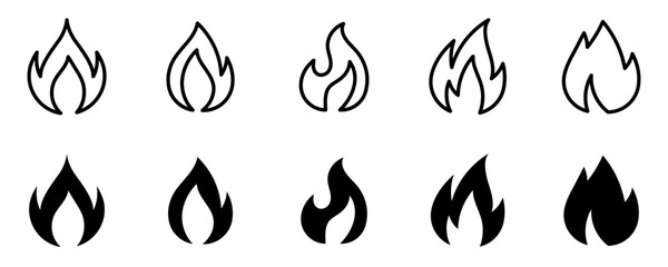 Fototapeta na wymiar Conjunto de icono de llama de fuego. Silueta de hoguera, llama ardiente. Ilustración vectorial