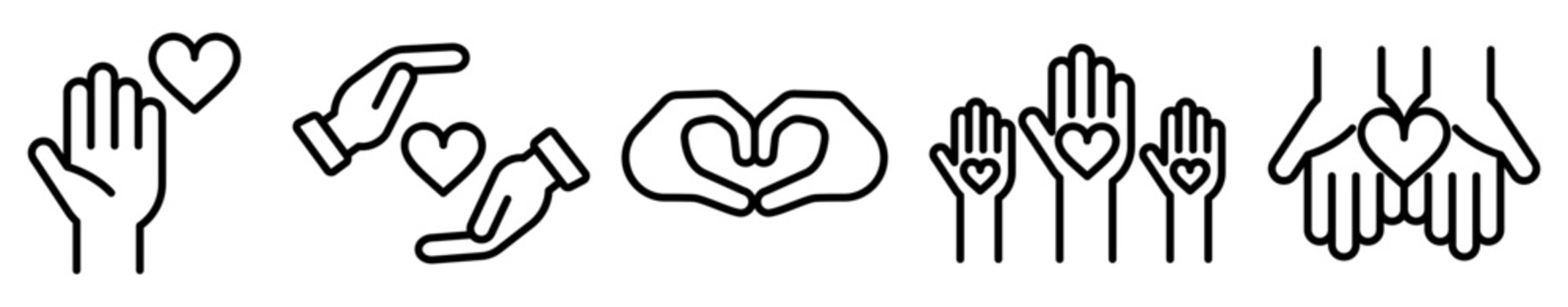 Conjunto de iconos de coraz&oacute;n en la mano. S&iacute;mbolo de donaci&oacute;n y amor. Ilustraci&oacute;n vectorial