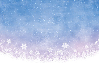 淡いブルーの水彩背景と降り積もる雪の結晶