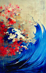 Abstract Japanese wave scroll painting, with red and white blossoms