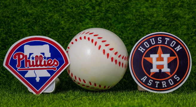 October 25, 2022. New York, USA. The emblems of the baseball clubs of the 2022 World Series participants Houston Astros and Philadelphia Phillies.