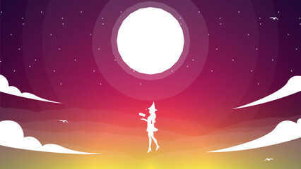 floating witch with magic book in hand. witch walpaper. sunset background. silhouette of a witch. witch anime wallpaper. fantasy background. clouds. sky with clouds background.