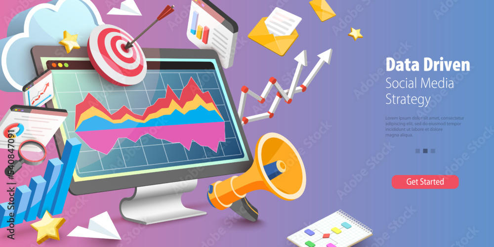 Poster 3d vector conceptual illustration of data driven social media strategy, marketing data and web analy
