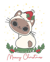 Cute Christmas cat illustration, featuring an Adorable kawaii character with holiday decorations. Perfect for festive designs and Xmas greeting cards